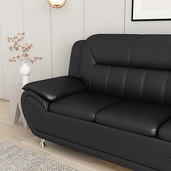 Container Furniture Direct Michael Modern Faux Leather Upholstered Stainless Steel Legs Living Room Sofa, Midnight Black