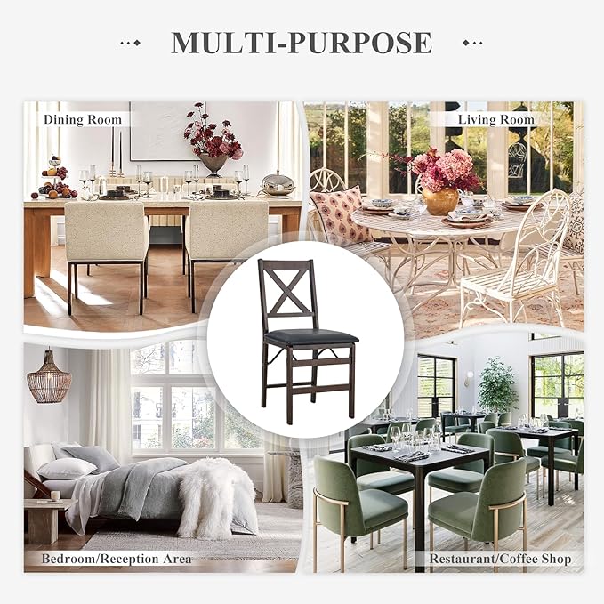 COLAMY Folding Dining Chairs Set of 2 – Dark Brown Wooden Dining Room Chairs, Pre-Assembled, Space Saving Kitchen & Dining Room Furniture, Mid Century Rustic Style, Indoor Outdoor Use