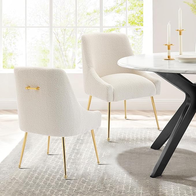 Modern Velvet Dining Chairs Set of 6, Contemporary Upholstered Furniture Collection with Polished Gold Metal Legs, Elegant Accent Chairs for Kitchen Living Room(Teddy Fleece,Beige)