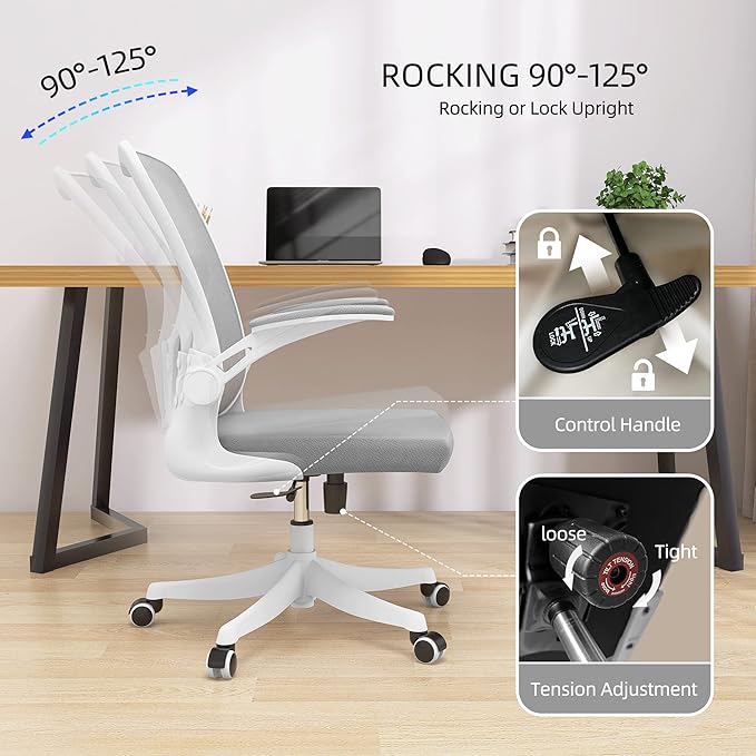 Monhey Office Chair Ergonomic Desk Chair with Lumbar Support&Headrest&Flip-up Arms Height Adjustable Rocking Swivel High Back Computer Chair Warm Taupe Mesh Study Chair (01White+Gray)