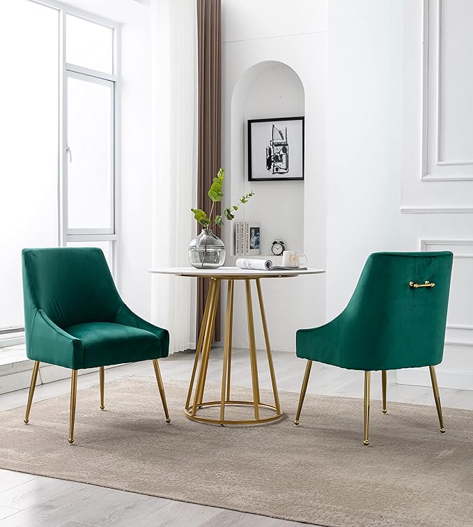 Modern Velvet Dining Chairs Set of 2, Contemporary Upholstered Furniture Collection with Polished Gold Metal Legs, Elegant Accent Chairs for Kitchen Living Room(Green)