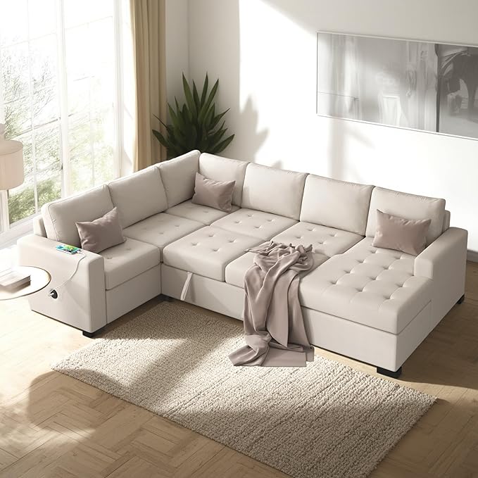 108.3 Inch Modular Sectional Sleeper Sofa with Pull-Out Bed and Lounge Chair, U-Shaped Combination Corner Couch w/USB & Type-C Interfaces, for Living Room Bedroom Office, Beige
