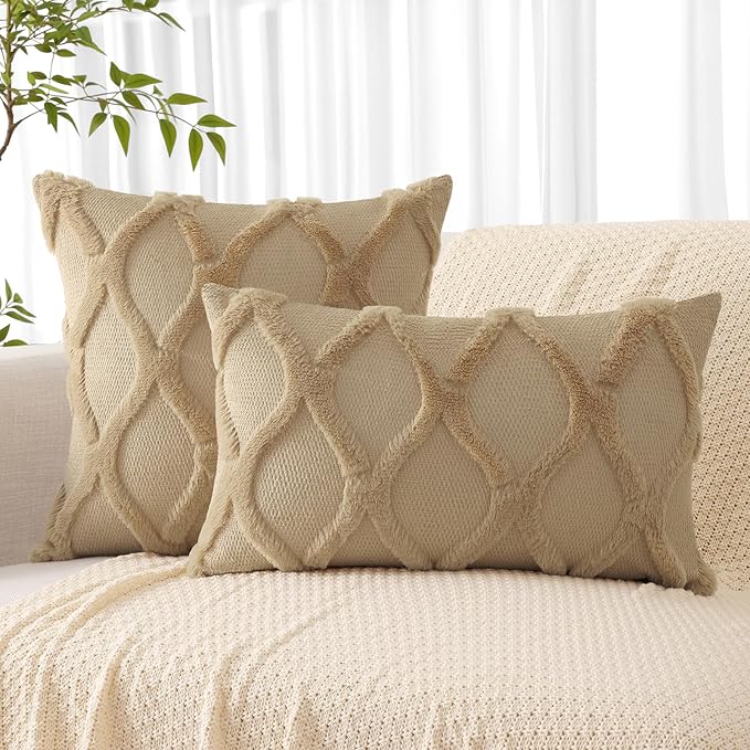 decorUhome Throw Pillow Covers 20x20 Inch Set of 2, Soft Plush Faux Fur Wool Khaki Couch Pillow Covers, Decorative Neutral Pillow Cases for Bed Sofa Living Room Home Decor