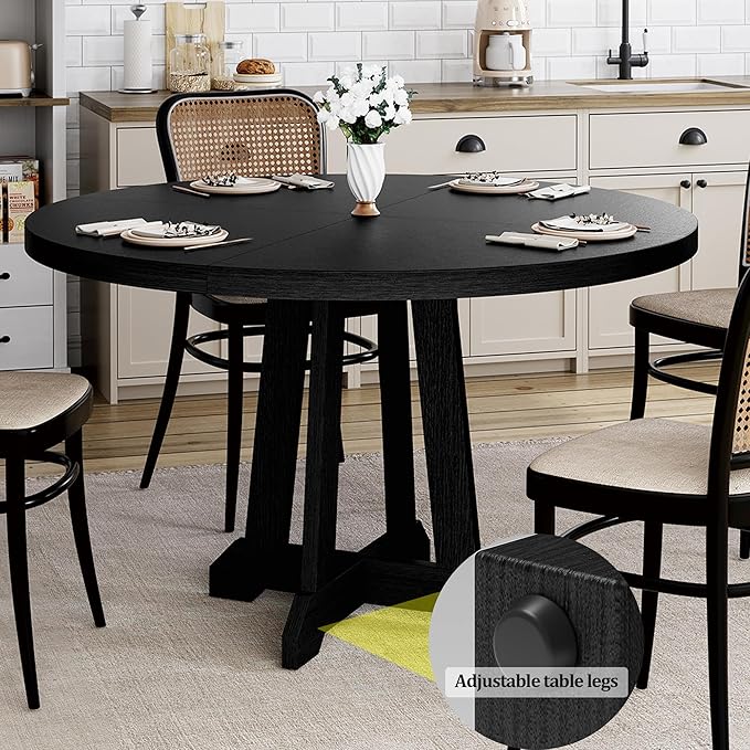 GarveeHome Round Dining Table for 4,Kitchen Dining Room Circle Dinner Pedestal Table,Space Saving Wood Kitchen & Dining Room Furniture,Black 47-inch Diameter