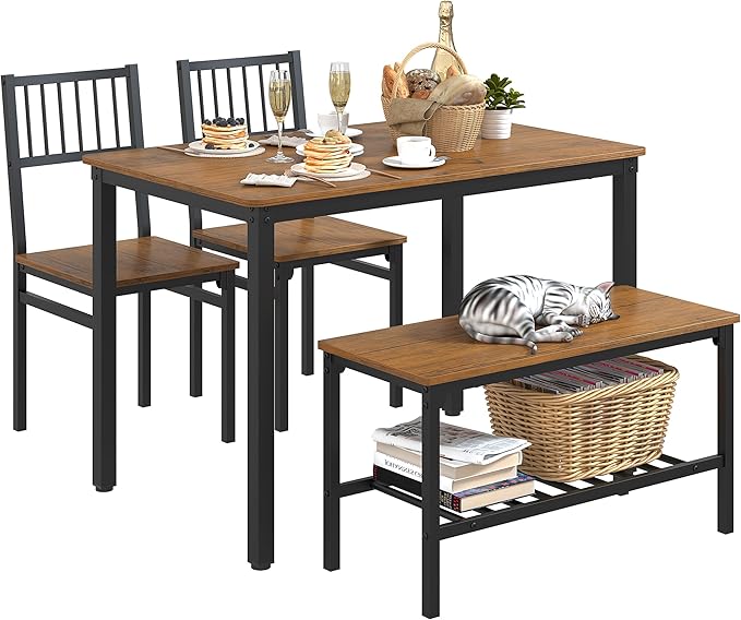 Teraves Dining Table Set for 4/Computer Desk,Kitchen Table with 2 Chairs and a Bench,Table and Chairs Dining Room Set 4 Piece Set for Dining Room (Teak, 110CM)/ 43.31"