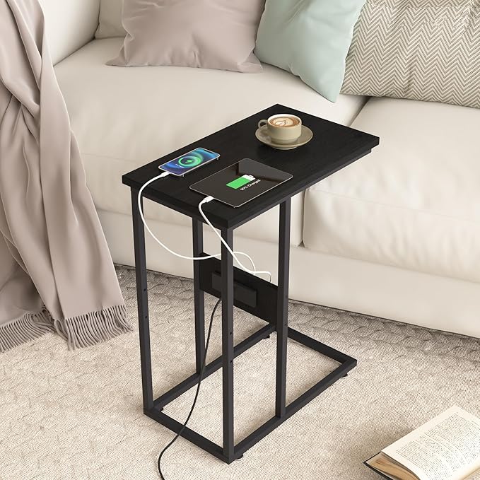 VECELO C Shaped End Side Table with Charging Station & Power Outlets for Couch Sofa/Bed, Snack TV Tray with Metal Frame for Living Room Bedroom 1 Set, Black