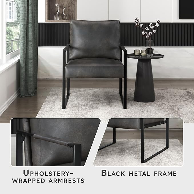 Lexicon Modern Accent Chair, Faux Leather Upholstered Living Room Chair With Wrapped Armrests, Arm Chair With Black Metal Frame,Comfy Single Chair For Living Room/Bedroom/Reading Room/Office,Dark Grey