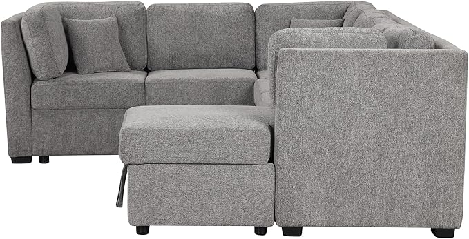 Ball & Cast 108.6" Sleeper Sectional Pull Out Sofa with 2 USB Ports,Two Power Sockets,Versatile U-Shape Couch w/ 3 Back Pillows and Storage Chaise,for Living Room,Office,Apartment,Light Gray