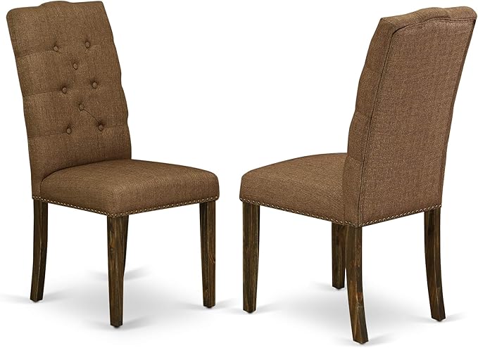 East West Furniture F2EL7-718 7 Piece Dining Table Set Consist of a Round Kitchen Table with Pedestal and 6 Brown Linen Linen Fabric Parson Dining Room Chairs, 48x48 Inch, Distressed Jacobean