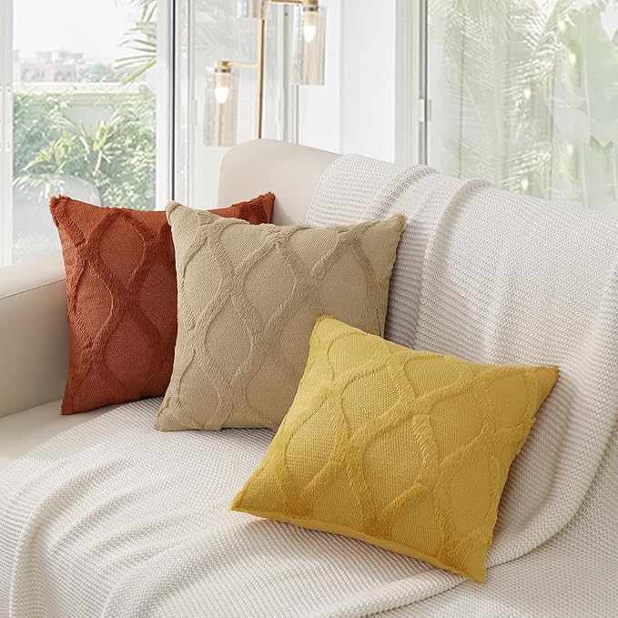 decorUhome Fall Throw Pillow Covers 26x26 Inch Set of 2, Soft Plush Faux Fur Wool Mustard Yellow Couch Pillow Covers, Decorative Neutral Pillow Cases for Bed Sofa Living Room Home Decor