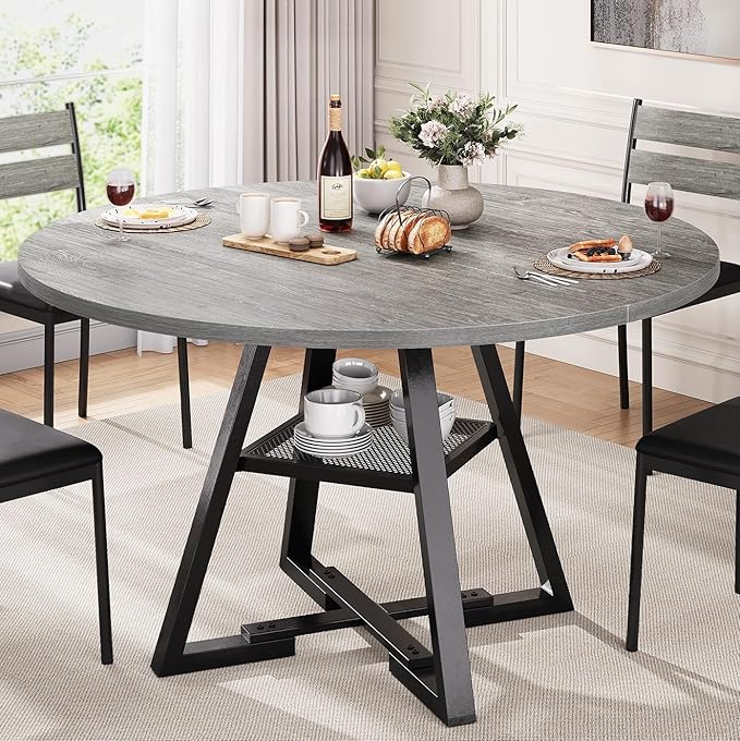 Round Dining Table for 4,Kitchen Dining Room Circle Dinner Pedestal Table,Space Saving Wood Kitchen & Dining Room Furniture (Grey, 47In)