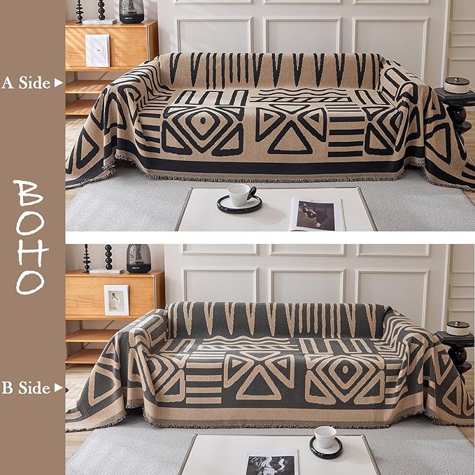 HANDONTIME Boho Geometric Couch Covers for Sofa Pet Friendly Taupe and Black Sofa Covers Washable Chenille Couch Blanket Cover for 3 4 Cushion Couches Pet Protector Furniture Cover Soft, 71" X 134"