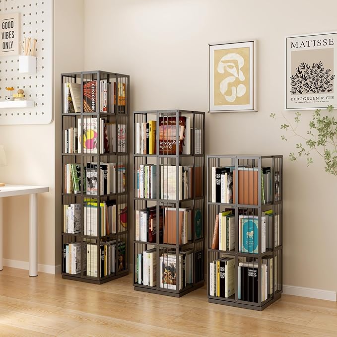 Square Rotating Bookshelf Tower - 360 Spinning Display Corner Bookcase for Narrow Space, Modern 3-Tier Revolving Storage Shelf, Black