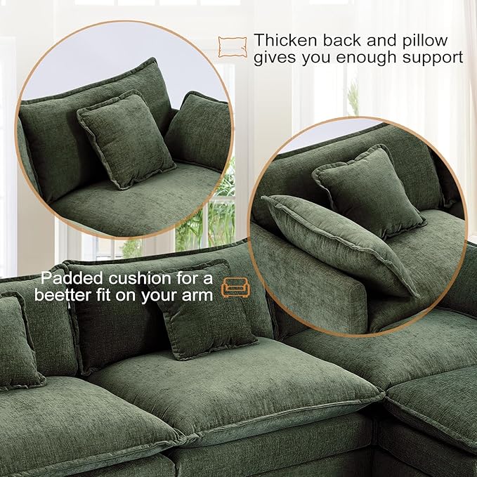 Furniliving Oversized Accent Chair with Ottoman, Luxury Chenille Single Sofa, Upholstered Deep Seat Chaise Lounge with Pillows for Living Room, Bedroom, Apartment, Green