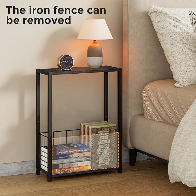 Narrow Side Table with Magazine Holder, Skinny End Table Perfect for Small Spaces, Space-Saving Design for Living Room, Bedroom, or Office, 7.1" D x 16.9" W x 23.6" H, Black