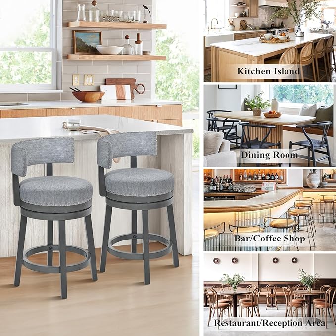 COLAMY Swivel Counter Height Bar Stools Set of 1, 25 Inch Modern Upholstered Kitchen Island Barstools with Back, Wood Swivel Bar Chairs for Counter Bar Dining Room, Grey
