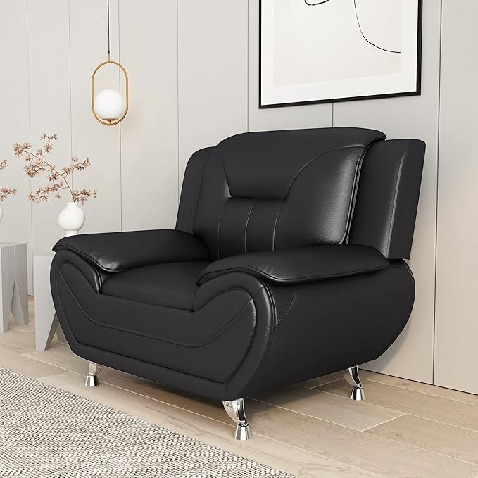 Container Furniture Direct Michael Modern Faux Leather Upholstered Stainless Steel Legs Living Room Sofa, Chair, Black