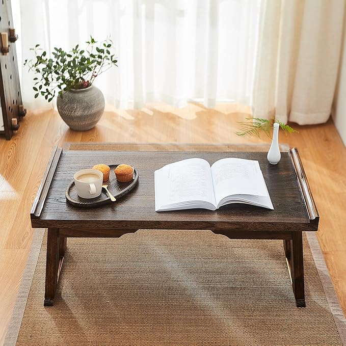 Japanese Floor Table, Small Coffee & Tea Table, Altar for Meditation, Low Table for Sitting on Floor, Wood Bed Tray With Foldable Legs, Laptop Desk