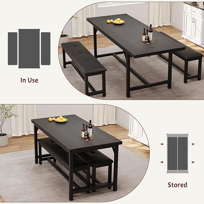 GarveeHome Dining Table Set for 4-6, 63" Extendable Wood Dining Room Table with Corner Protector & 2 Upholstered Benches, Kitchen Table Set for Apartment, Small Space, Easy Assembly, Retro Black