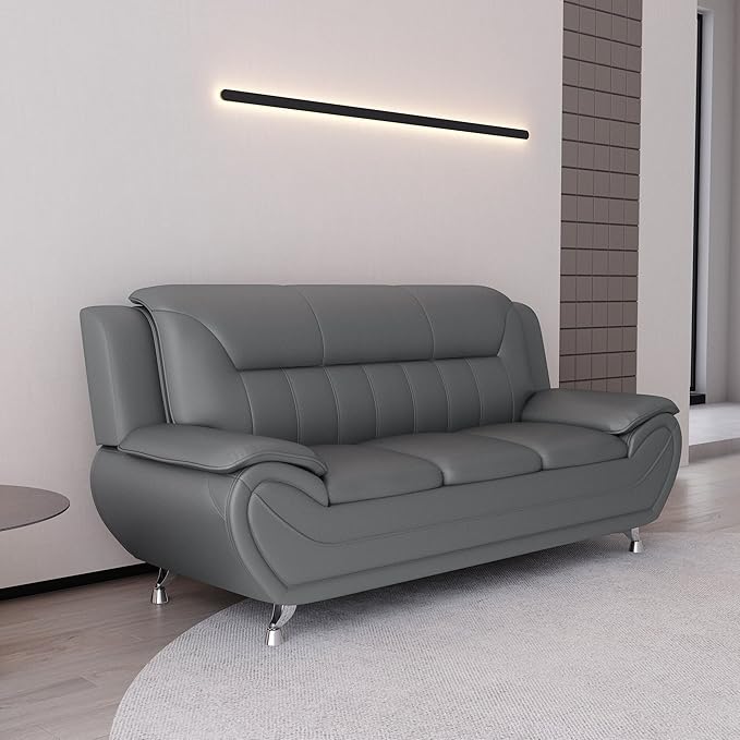 Container Furniture Direct Michael Modern Faux Leather Upholstered Stainless Steel Legs Living Room Sofa, Chair, Gray