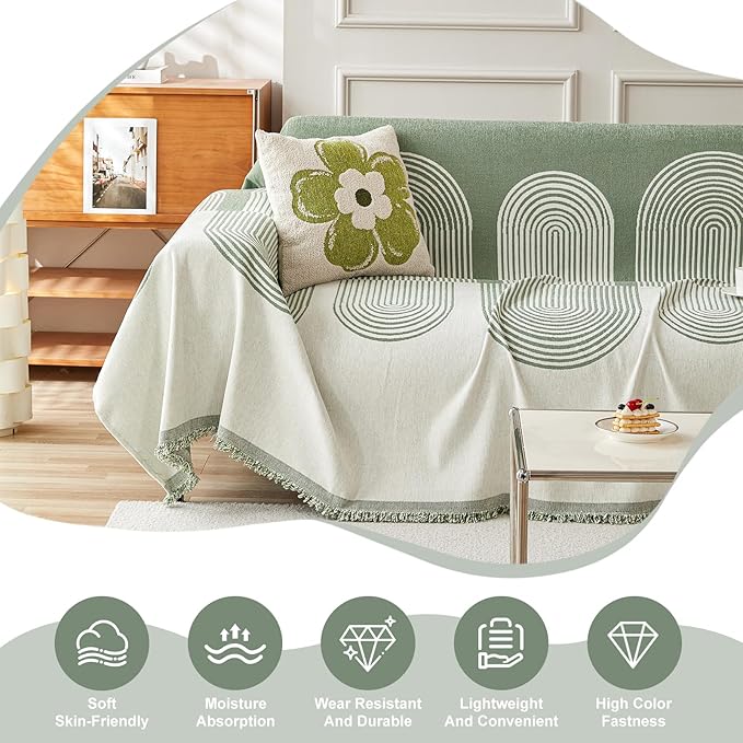 STACYPIK Green Geometric Couch Cover Boho Sofa Cover for Sectional Non-Silp Sofa Covers for Dogs Reversible Beige Couch Cover Loveseat Cover L Shaped Furniture Protector for 3 Cushion Couch-71X134IN