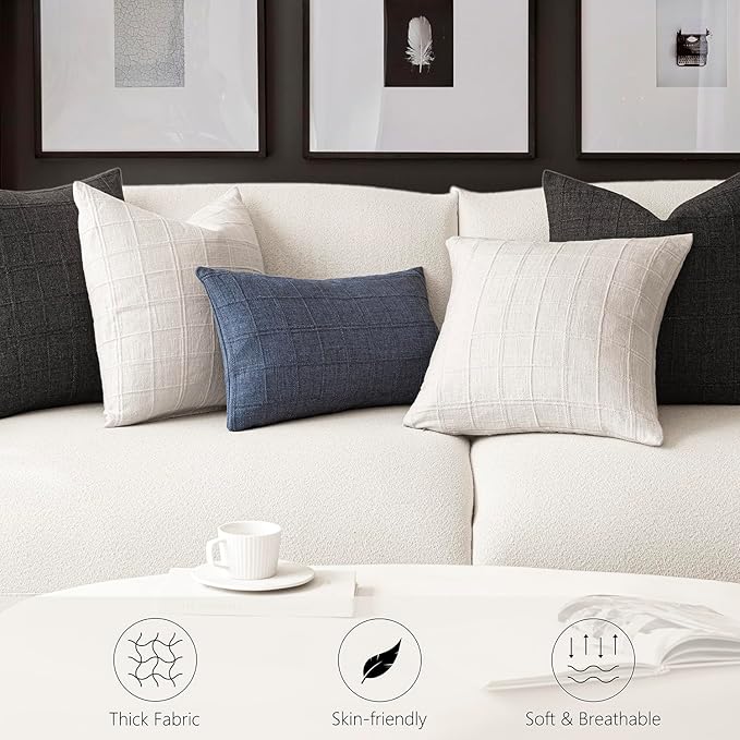 Foindtower Set of 2 Decorative Linen Check Throw Pillow Covers Neutral Farmhouse Vintage Cushion Covers Modern Boho Home Decor for Sofa Chair Couch Bedroom Living Room Outdoor,20×20 Inch,Cream White