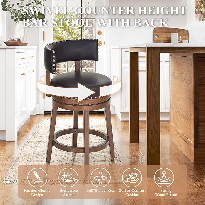 COLAMY Swivel Bar Stools Set of 3, Swivel Counter Height Barstools with Back, 25 Inch Modern Upholstered Bar Stools for Kitchen Island Dining Room Bar, Dark Brown