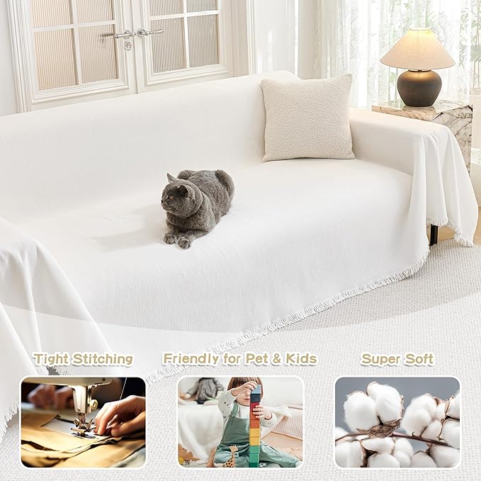 MYSKY HOME Couch Cover for Dogs Washable Couch Covers for 3 Cushion Couch Sofa Super Soft Sofa Slipcover Non Slip Sofa Cover, Chenille Sofa Covers for Dogs, Furniture Protector, 71"x150", White