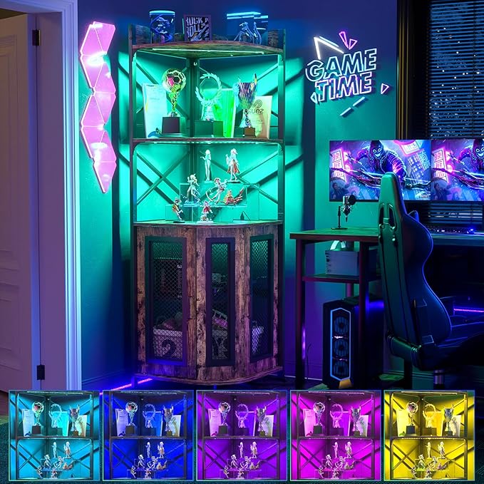 Aheaplus Corner Bar Cabinet with Power Outlet, Industrial Wine Cabinet with LED Strip and Glass Holder, 5-Tiers Liquor Cabinet Bar Unit for Home, Corner Display Cabinet for Small Space, Rustic Brown