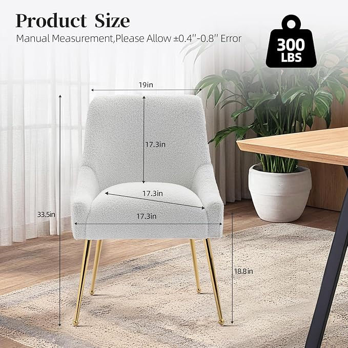 Modern Velvet Dining Chairs Set of 4, Contemporary Upholstered Furniture Collection with Polished Gold Metal Legs, Elegant Accent Chairs for Kitchen Living Room(Teddy Fleece,White)
