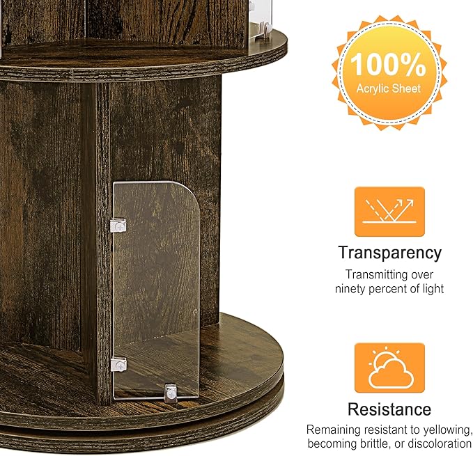 VECELO 4 Tier Revolving Bookshelf Tower, 360° Display Floor Standing Storage Rack with Acrylic Visible Window Partition for Bedroom, Living Room Home and Office, Brown