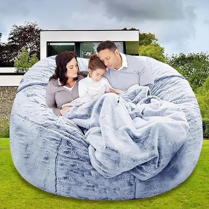 Bean Bag Chair for Adults Kids Without Filling Comfy Oversized Round Lazy Sofa Bean Bag Cover for Stuffed Animal Storage Bedroom Living Room Chairs, 6FT, Silver Blue