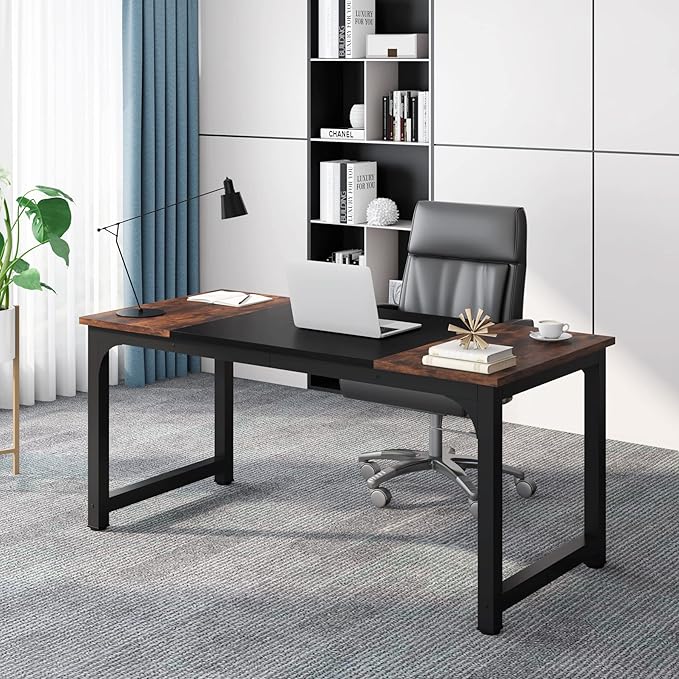 Tribesigns 63” Executive Desk, Large Office Computer Desk with Thicken Frame, Modern Simple Workstation Business Furniture for Home Office, Rustic Brown/Black