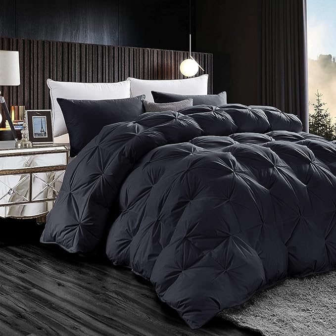 Luxurious All-Season Goose Down Feather Fiber Comforter Twin Size Duvet Insert, Exquisite Pinch Pleat Design, Premium Baffle Box, 100% Egyptian Cotton Cover, 50 oz. Fill Weight, Black