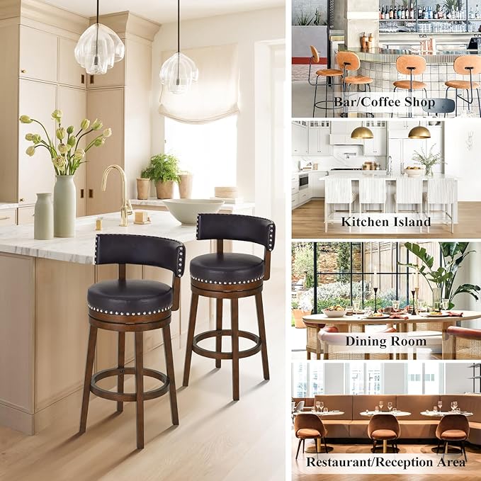 COLAMY Swivel Bar Stools Set of 4, 30 Inch Swivel Bar Height Bar Stools, Wood Swivel Barstools with Back, Modern Upholstered Wooden Barstools for Kitchen Island Dining Room Bar, Dark Brown