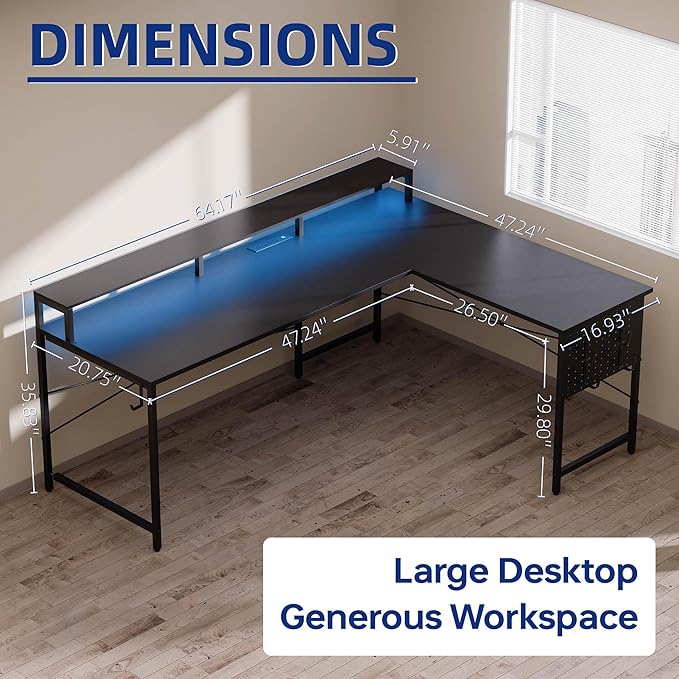 Pamray 64 Inch L Shaped Gaming Desk with Power Outlets and Led Lights, Large Corner Computer Desk with Monitor Stand and Pegboard, PC Table for Home Office and Bedroom White