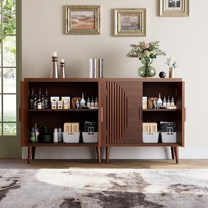 COSIEST Set of 3 30" Storage Sideboards with Doors, Accent Cabinets with Magnetic Push-to-Open Doors, Brown Line Pattern, Entryway Console for Living Room, Kitchen, Hallway
