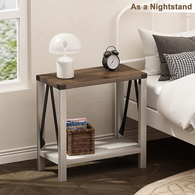 ChooChoo Farmhouse End Table Set of 2, Narrow Side End Table with Storage Shelf, Rustic A-Design Nightstand Sofa Table for Living Room, Bedroom(White&Brown)