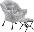 Fabric Lazy Chair with Ottoman, Oversized Upholstered Sofa Chair for Adults, Plush Comfy Lounge Chair with Large Side Storage Pocket, Reading Chair for Living Room, Bedroom, Dorm, Light Gray