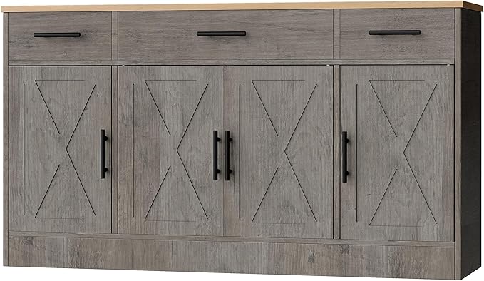 Shintenchi Sideboard Buffet Cabinet with Storage,53.4" Large Kitchen Buffet Storage Cabinet with 3 Drawers and 4 Doors,Wood Farmhouse Sideboard with Adjustable Shelf for Kitchen, Living Room,Grey