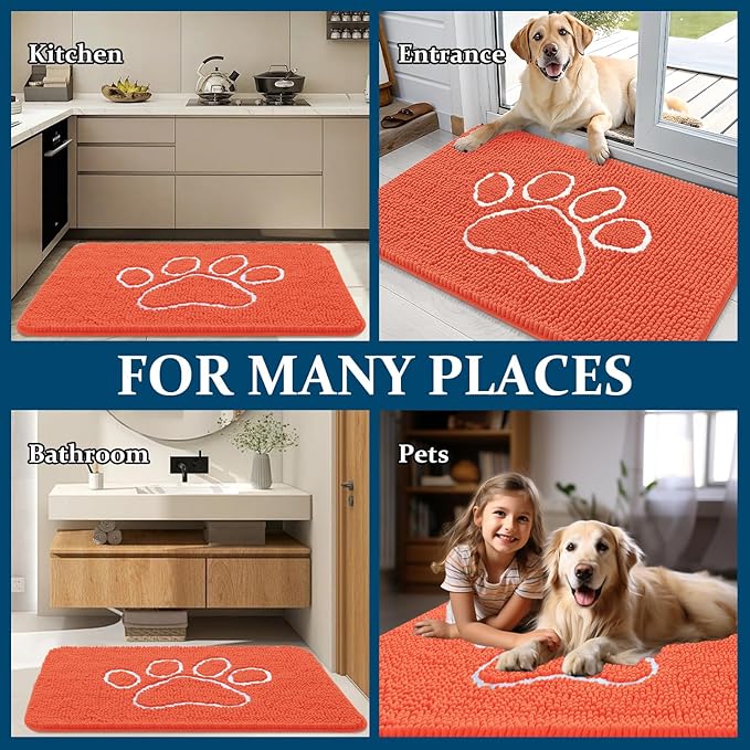 OLANLY Door Mat for Muddy Dog Paws 30x20, Ultra Absorbent Chenille Mud Doormat with Paw Print Design, Non-Slip Washable Doormat for Indoor Entryway, Quick-Dry Pet Bed Mats for Dirty Dogs, Coral