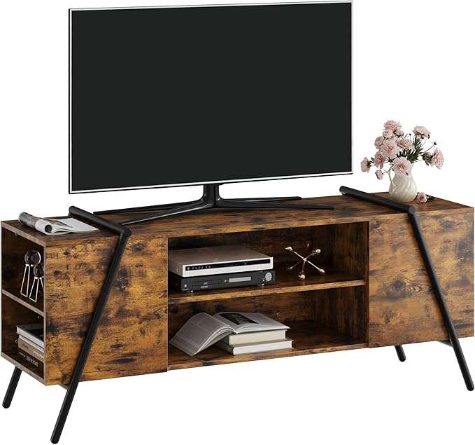 Garvee 55 Inch TV Stand with Slanted Metal Legs, Industrial Media Console with Adjustable Open Shelves, Wooden Entertainment Center Television Stand for Living Room, Bedroom, Orange Oak