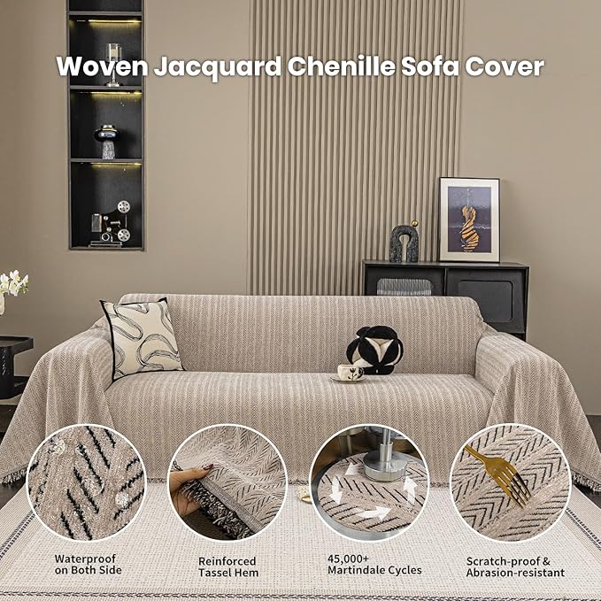 Nobildonna Sofa Cover Washable Soft Thicken Chenille Couch Cover with Tassel,Waterproof Sofa Slipcovers for 2 Cushion Couch,Loveseat,Futon Couch Furniture Protector Pet-Friendly,Brown 71"x102"