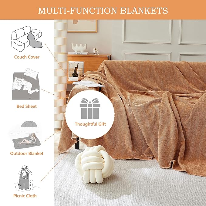 STACYPIK Burnt Orange Chenille Couch Cover, Modern Tangerine Sofa Covers for 3 Cushion Couch, Lovetseat Cover for Sectional, Non Slip L Shaped Covers Pets-Scratch Sofa Slipcover with Tassels-91X150IN