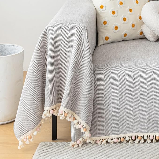 HANDONTIME Grey Sofa Cover for 3 Seat Couch - Dog Resistant, Light Grey, 91" X118", Tassel Chenille Herringbone