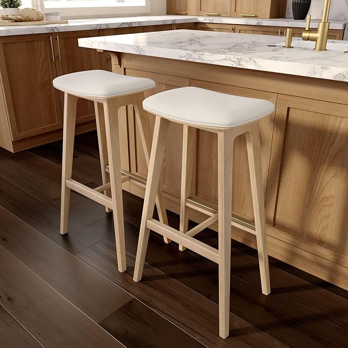 Plank+Beam Beryl Bar Height Stool - Mid-Century Modern Rubberwood Bar Stool with Faux Leather Seat, Metal Footrest, Easy Assembly, Blonde/Sesame
