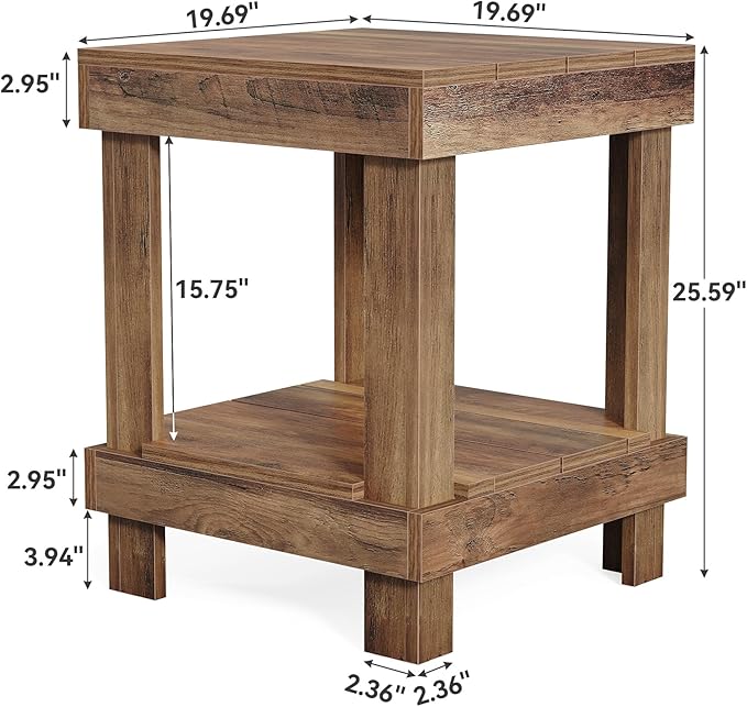 LITTLE TREE 2-Tier End Table, All Wooden Square Side Table with 2 Storage Shelves, Farmhouse Chairside Table Side End Table for Living Room, Small Bedside Table Nightstand for Bedroom, Natural Color