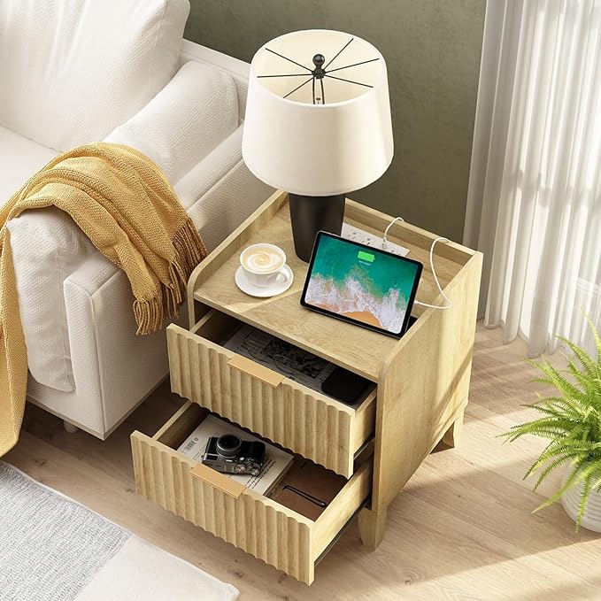 Wnutrees Fluted Nightstand with Charging Station, Modern Bedside Table with 2 Drawers, Farmhouse Wooden End Side Table for Living Room, Natural