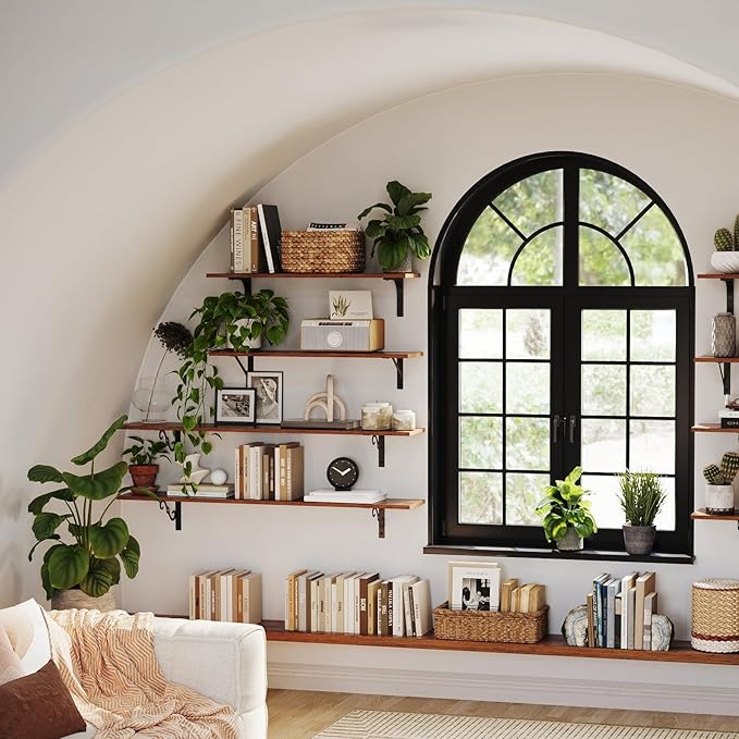 DINZI LVJ Long Wall Shelves, 31.5 Inch Large Floating Shelves Set of 4, Wide Display Shelf Wall Mounted with Brackets, Easy Hanging for Living Room, Toilet, Office, Bedroom, Rustic Brown