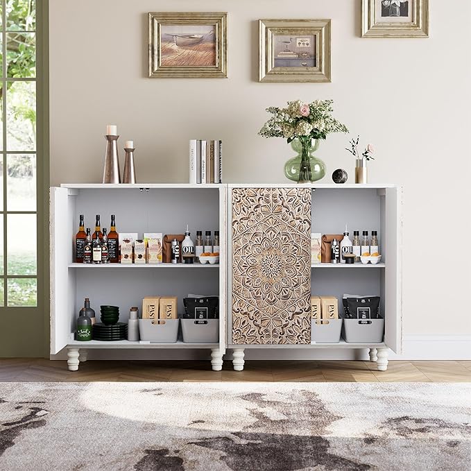 COSIEST Set of 2 32" Buffet Sideboard Cabinets with Vintage Firework Carved Pinewood Doors, Push-to-Open, Storage Accent Cabinet for Living Room, Kitchen, Hallway, Gray